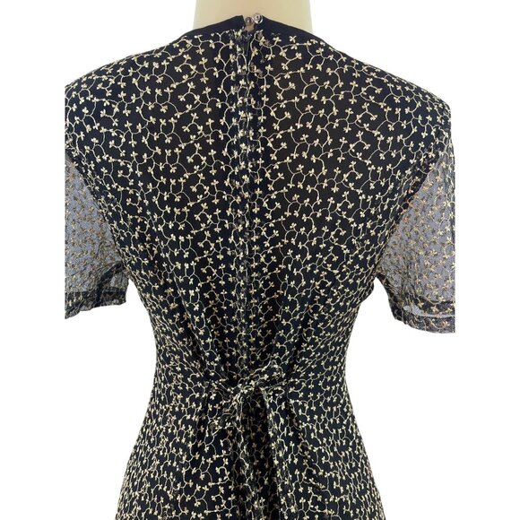 Vintage-Inspired Black & Beige Floral Midi Dress With Sheer Sleeves & Tie-Back - Picture 5 of 7